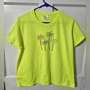 Gildan Size Large Yellow Neon T-shirt With Sparkling Palm Trees